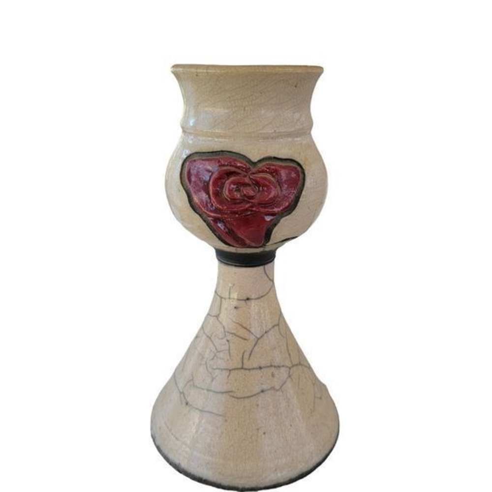 Candlestick with red rose crackle‎ look vintage 8 inch pottery
